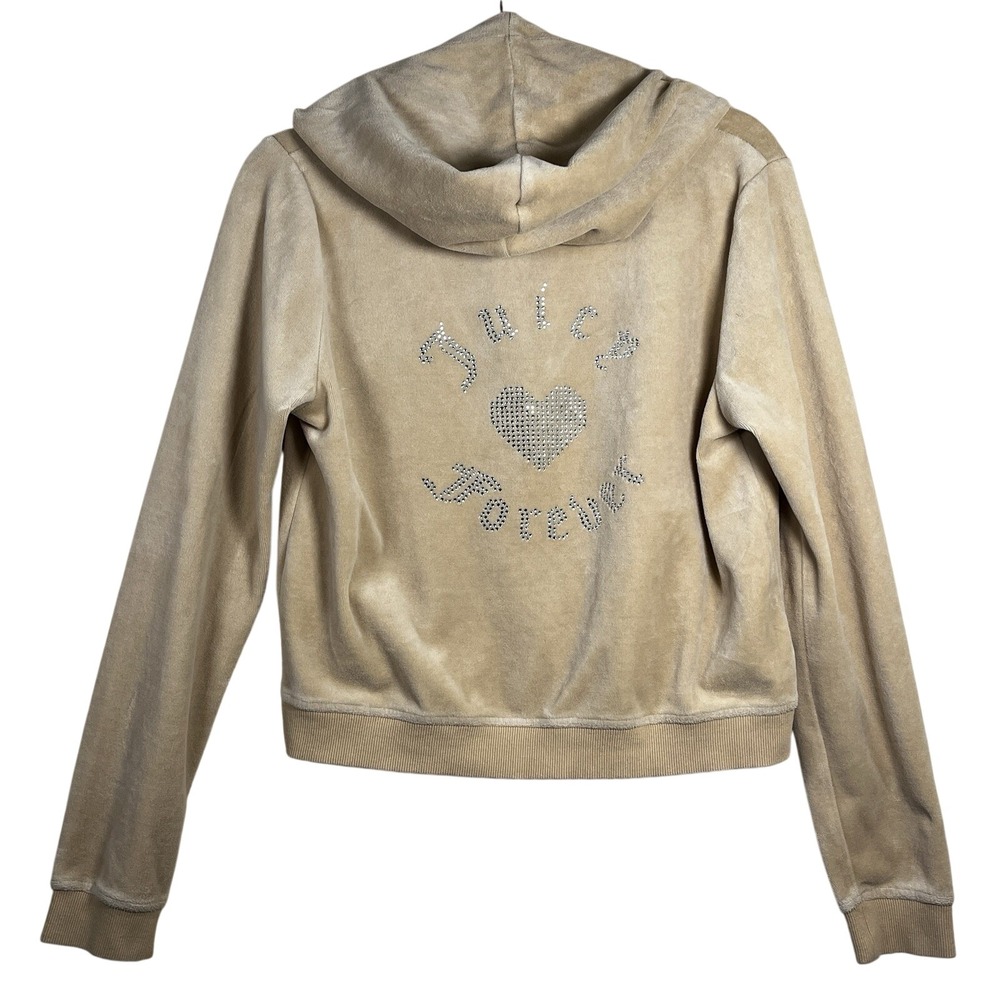 Juicy Couture Forever 21 Velour Hoodie L Tan Rhinestone Heart Zip Jacket Y2K‎